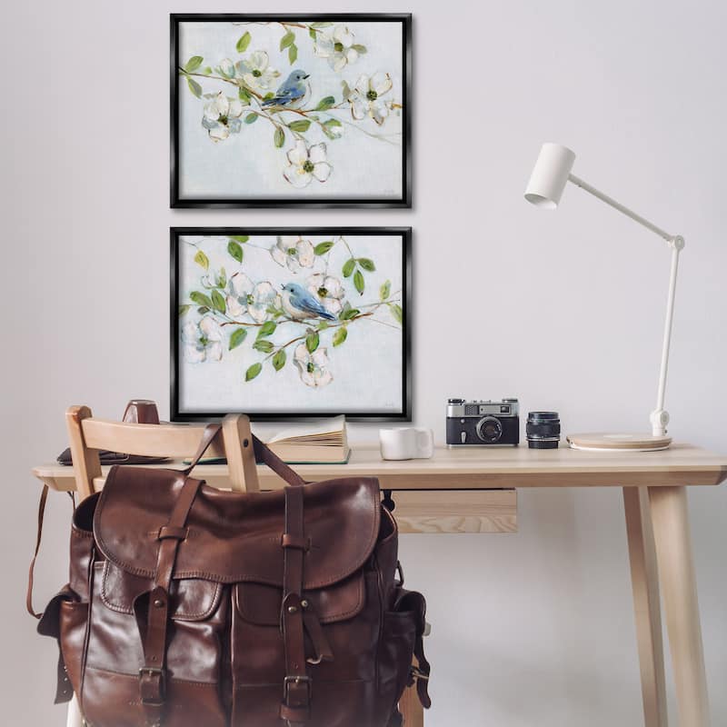 Stupell Perched Bluebirds on Branch Framed Floater Canvas Wall Art Design By Sally Swatland (Set of 2)