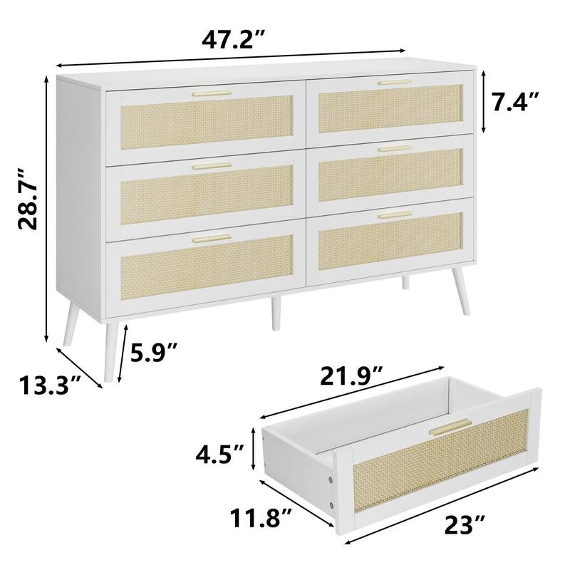 Rattan 6 Drawers Chest of Dressers for Bedroom, Wide Chest of Drawers, Rattan Dresser Storage Cabinet for Living Room, Bedroom