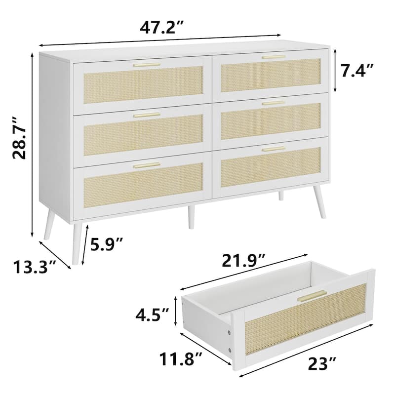 Rattan Doors 6 Drawer Dresser for Bedroom,Chest of Dressers with Gold Handles