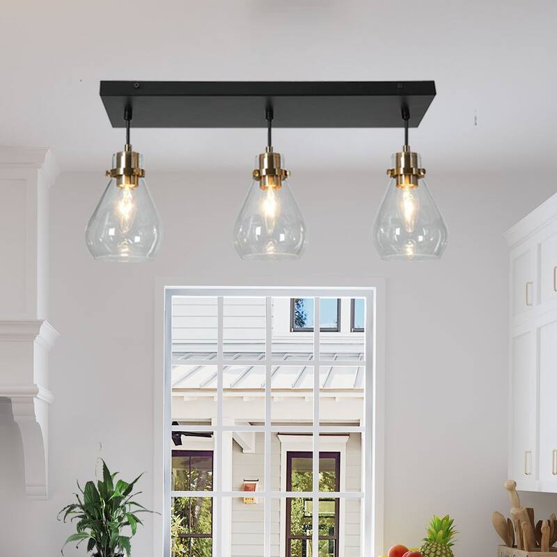 Marsie Modern Ceiling Light 3-light Farmhouse Flush Mount Drop Down Pendant Light Globe Glass - L 22" x W 4.7" x H 67.5" - Rectangle