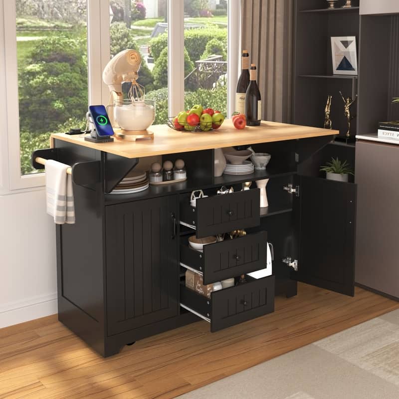 55.7" Rolling Kitchen Island with 2 Drop Leaf Power Outlet Spice Rack and 3 Drawers