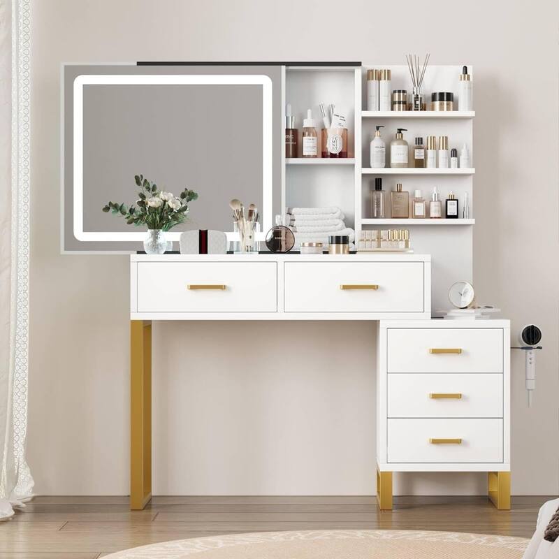 Makeup Vanity Desk with Sliding Mirror and Lights - Bright White