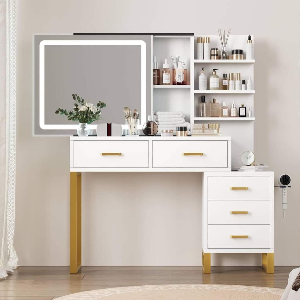 Makeup Vanity Desk with Sliding Mirror and Lights