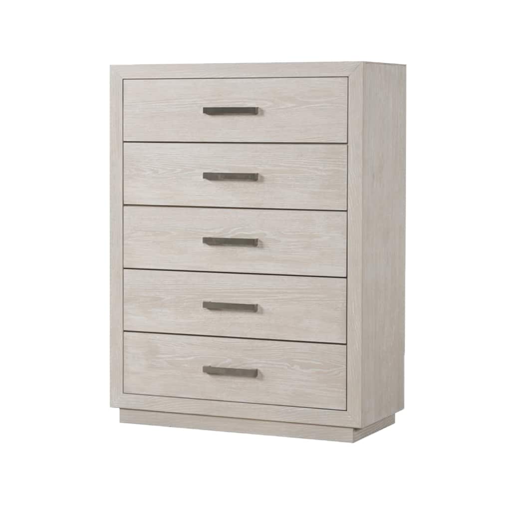 Kexa Tall Dresser Chest, 5 Drawers, Light Gray Solid Wood, Nickel Metal