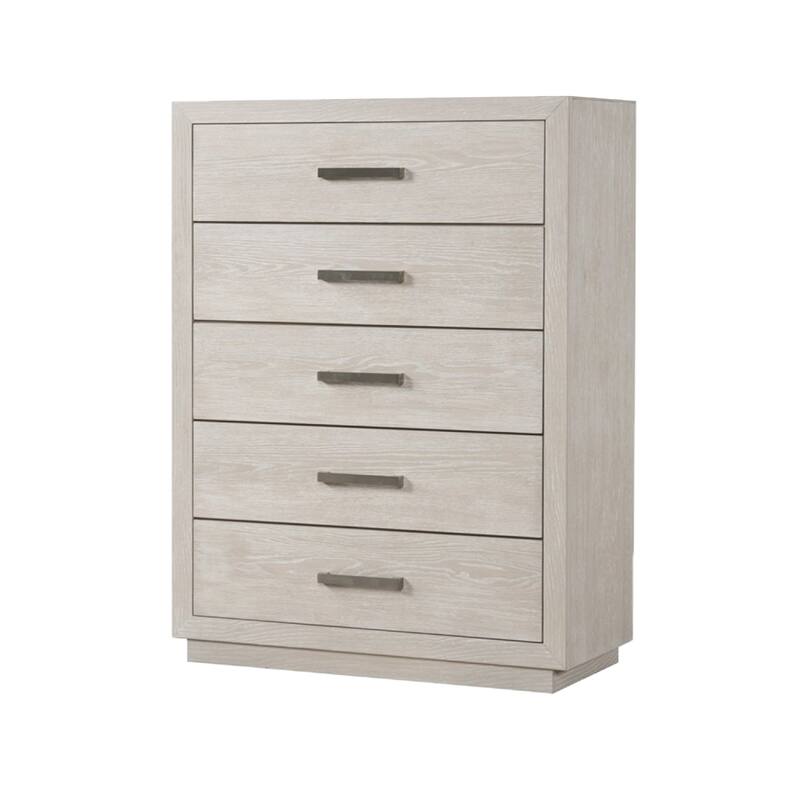 Kexa Tall Dresser Chest, 5 Drawers, Light Gray Solid Wood, Nickel Metal