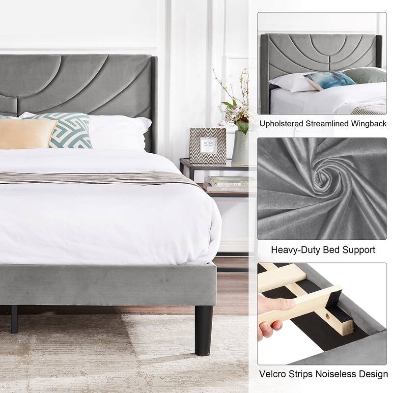 Javlergo Upholstered Platform Bed Frame with Modern Wingback Headboard, Dark Grey
