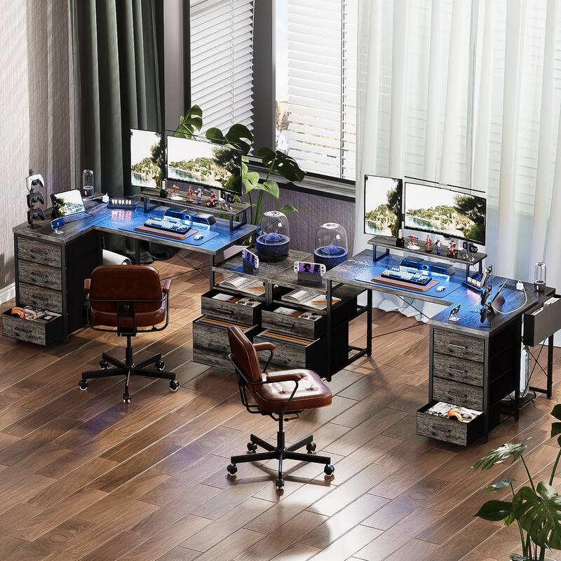 Modern Farmhouse 71'' L Shaped Desk with File Drawers, Reversible Computer Desk with Power Outlets and Smart LED Lights