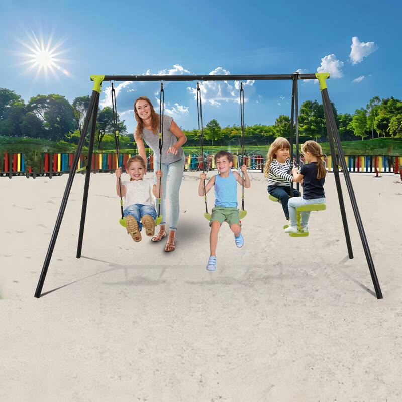 Outdoor Sturdy Metal Swing Set, Kids Play Equipment w/Three Seat Swing - N/A
