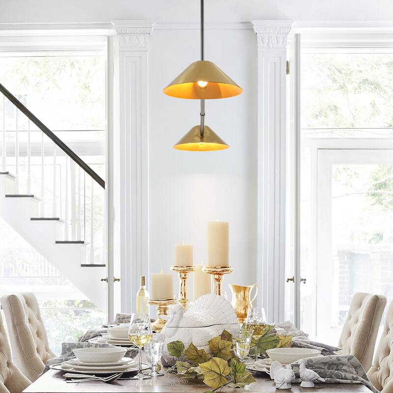 2-Light Industrial Black and Brass Linear Cone Pendant Light - 53.94" L × 3.94" H × 9.84" D