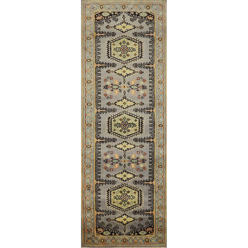 Hand Knotted Oriental 100% Wool Carpet Traditional Geometric Greys & Charcoal Viss Runner Rug - 7' 9'' X 2' 7''