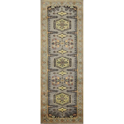 Hand Knotted Oriental 100% Wool Carpet Traditional Geometric Greys & Charcoal Viss Runner Rug - 7' 9'' X 2' 7''