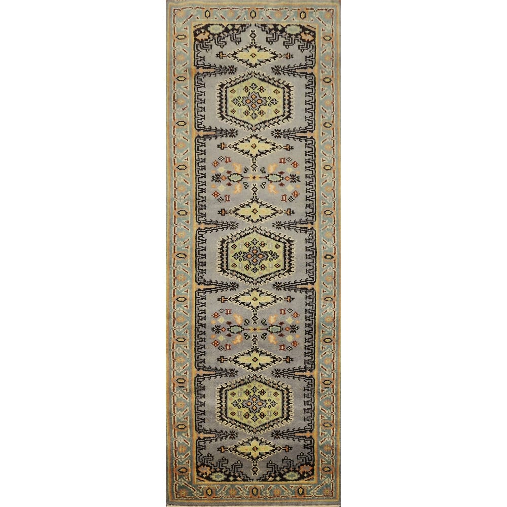 Hand Knotted Oriental 100% Wool Carpet Traditional Geometric Greys & Charcoal Viss Runner Rug - 7' 9'' X 2' 7''