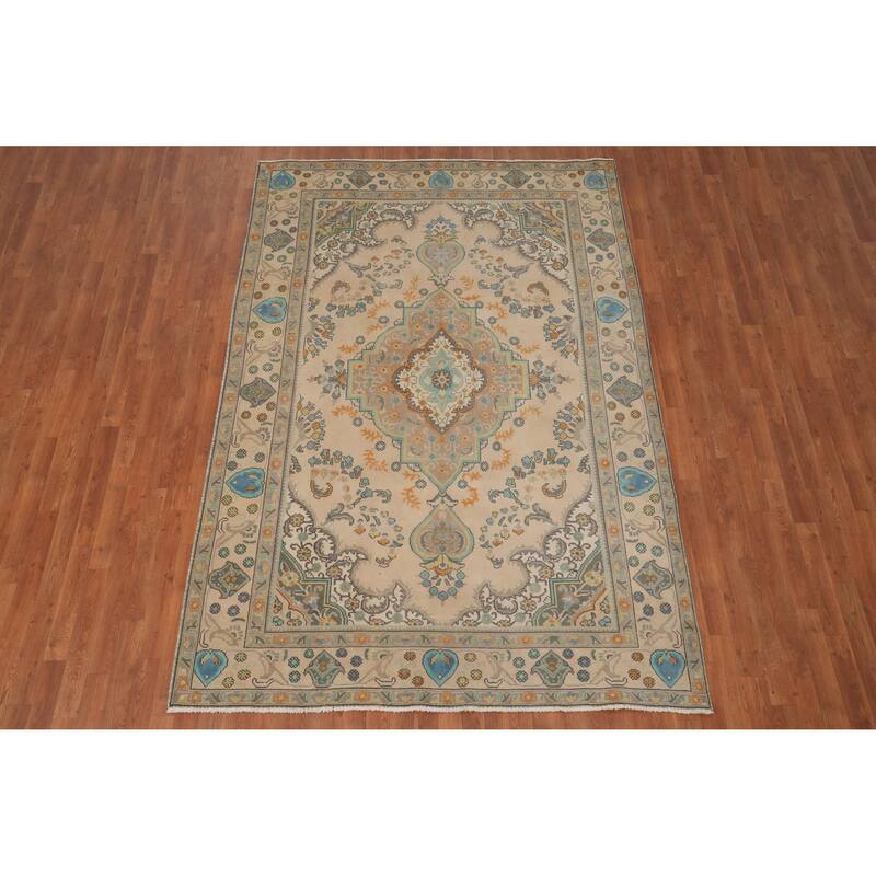 Hand Knotted Oriental 100% Wool Carpet Traditional Floral Beige & Ivories Tabriz Area Rug - 9' 3'' X 6' 3''