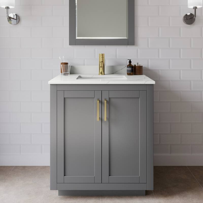 Wyndham Collection WCF292930S-QTZ-UNSM24 Miranda 30" Free Standing - Dark Gray / Giotto Quartz Top / Brushed Gold