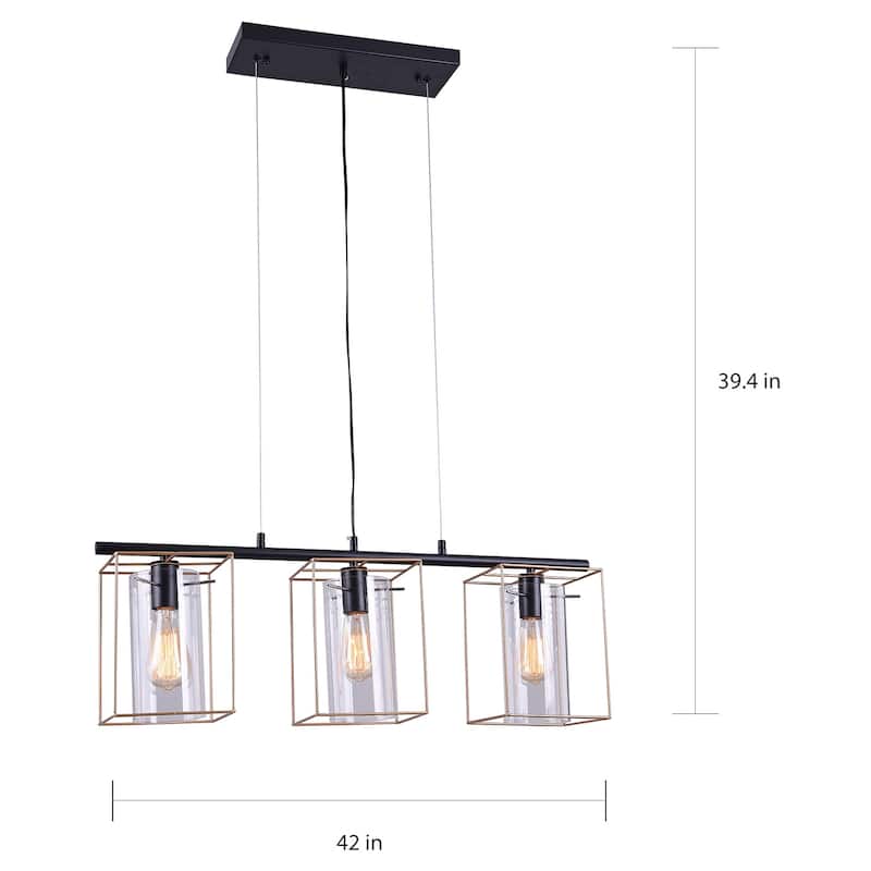 Leena Black 3-Light Linear Chandelier with Clear Cylinder Glass Shade