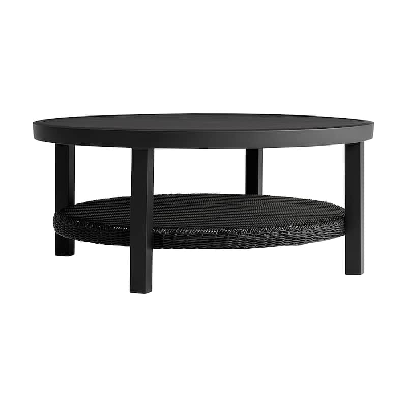 Grand Black Aluminum Slat Top Round Outdoor Coffee Table with Wicker Shelf