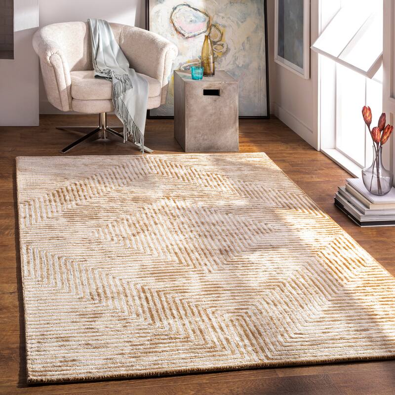Fazeley Handmade Geometric Viscose Area Rug - Beige/Yellow - 12' x 15'