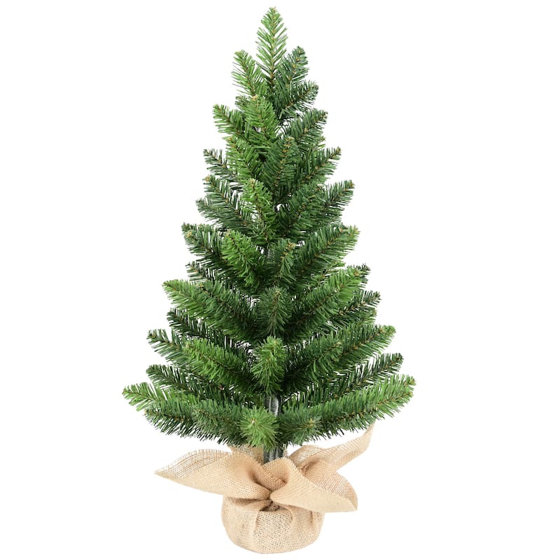 Set of 2 Tabletop Christmas Trees, 2FT Small Artificial PVC Green Trees with 68 Tips Each, Burlap-Wrapped Cement Base
