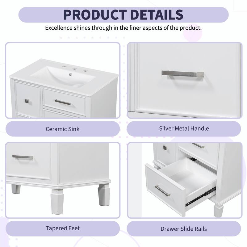 30" Bathroom Vanity with Ceramic Sink, Flip-Out Plumbing Drawer, Soft Close Doors & Drawers