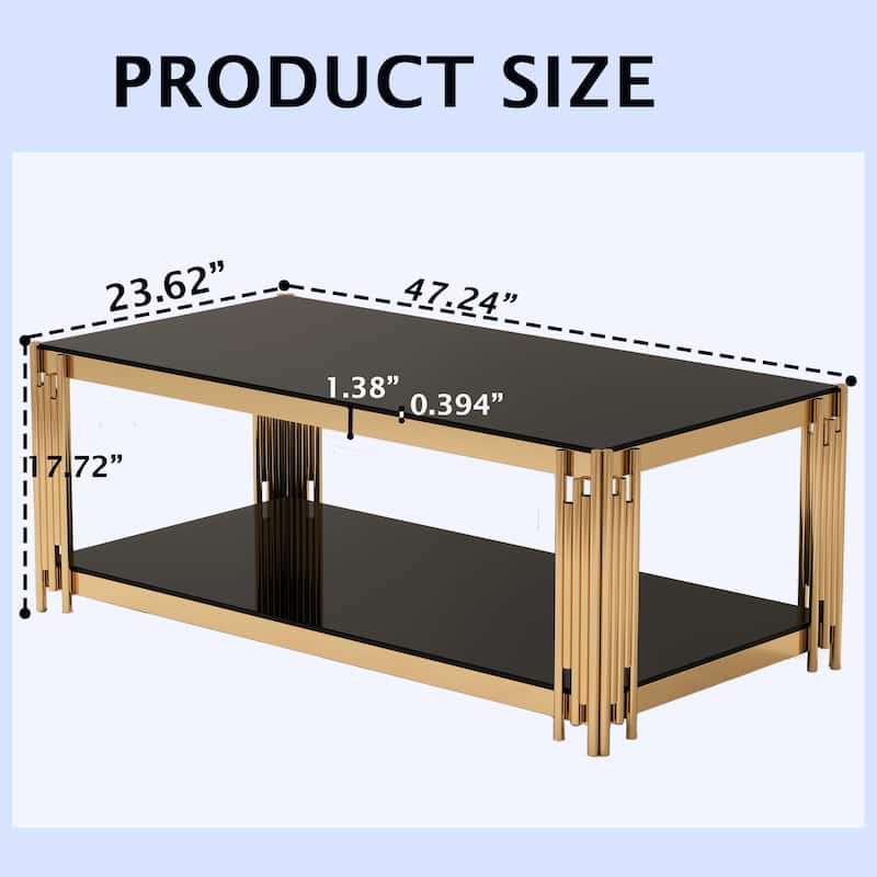 47"Rectangular Gold Glass Double-Layer Coffee Table, Black Tempered Glass Tabletop, Gold Stainless Steel Metal Legs