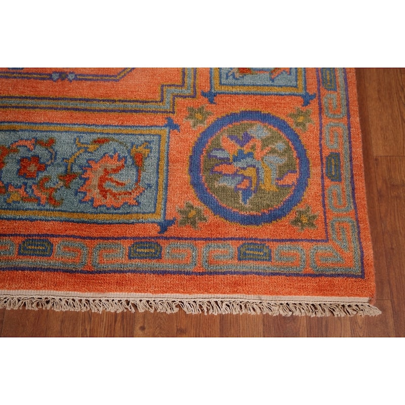 Orange Geometric Khotan Oriental Area Rug Hand-Knotted Wool Carpet - 8'10"x 11'10"