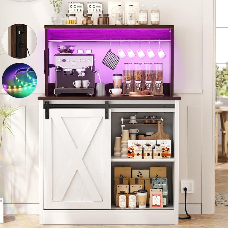 Farmhouse Wine Bar Cabinet with Barn Door & Charging Station,Sturdy Buffet Coffee Bar Cabinet with LED Lights & Hutch