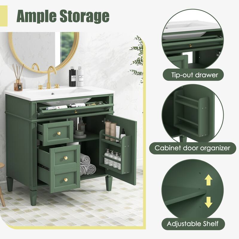 30" Modern Bathroom Vanity with Ceramic Sink - 3 Drawers,Soft-Close Storage, Pine Wood Frame.