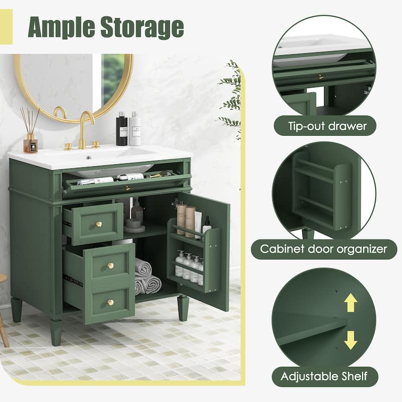 30"Bathroom Vanity with Top Sink,Bathroom Storage Cabinet with 2 Drawers and a Tip-out Drawer,Single Sink Bathroom Vanity