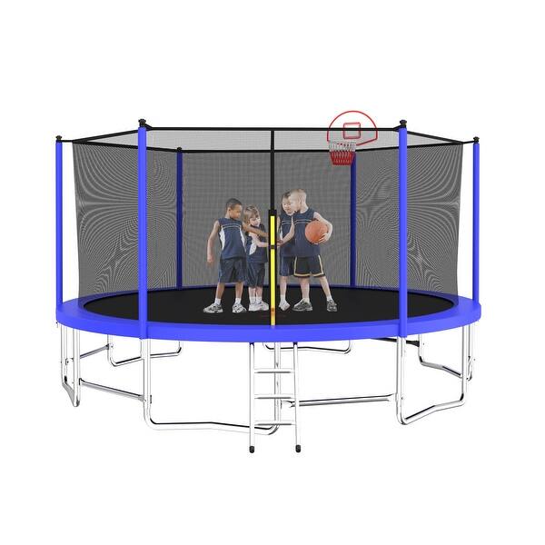 slide 2 of 11, 15 ft. Blue Galvanized Anti-Rust Outdoor Round Trampoline with Basketball Hoop with Ladder and Enclosure Net Kids