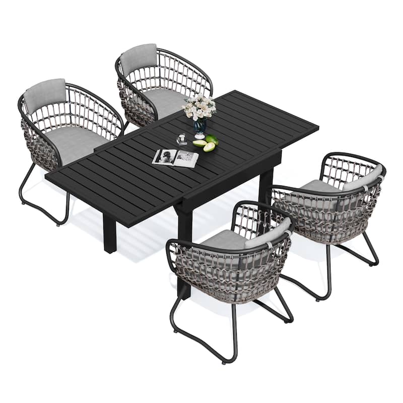 5PC Outdoor Extendable Patio Dining Table with Rattan Chairs