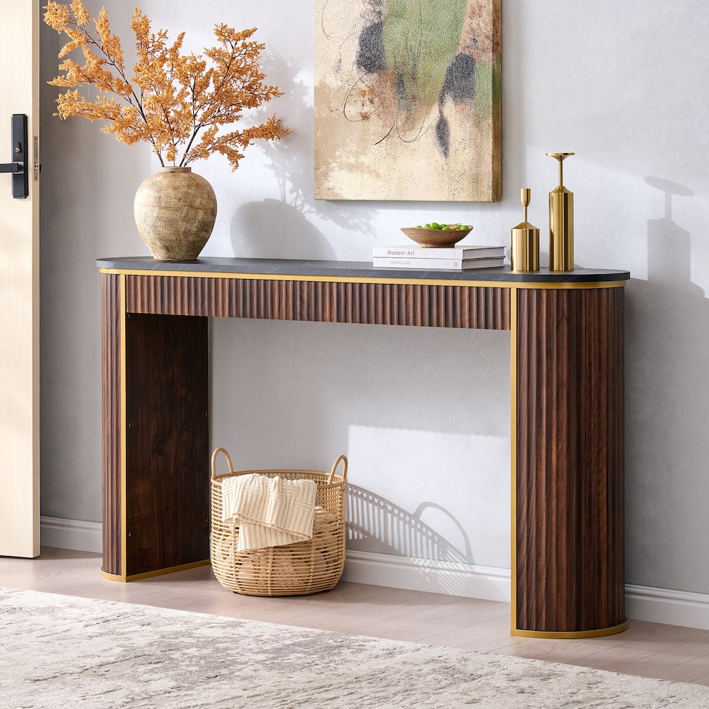 Modern 63" Fluted Console Table, Faux Marble Texture Top, Entry Table