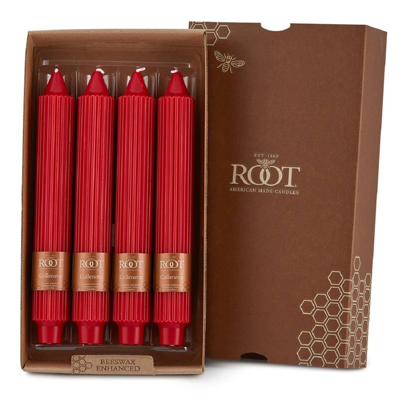 Root Unscented Grecian Collenette Taper Candles box of 4 - 9 X 1-1/4 - Red