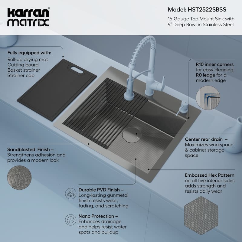 Matrix 25" Top Mount Workstation 16 Gauge Single Bowl Stainless Steel Kitchen Sink with Accessories