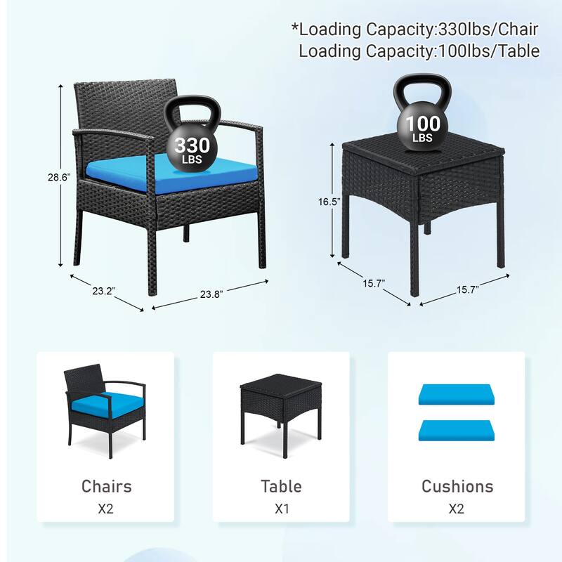 3 PCS Outdoor Patio Bistro, Rattan Conversation Chairs Set, Balcony Furniture Set - 28"H x 23.3"W x 23.3"D