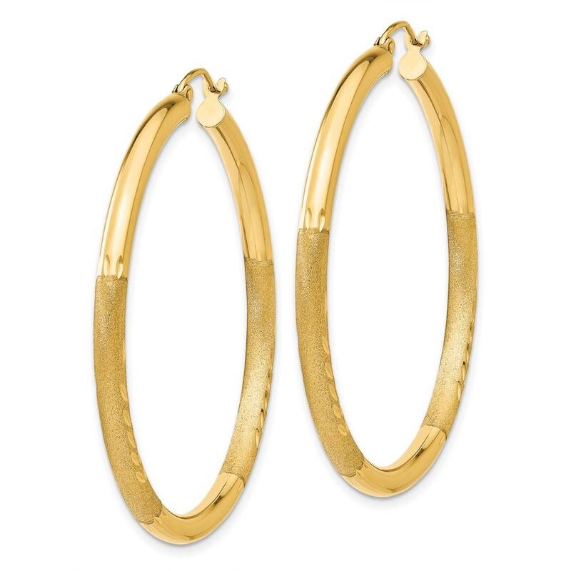 Curata 14k Yellow Gold Hollow Polished Hinged Post Satin and Sparkle Cut Round Hoop Earrings - 45mm