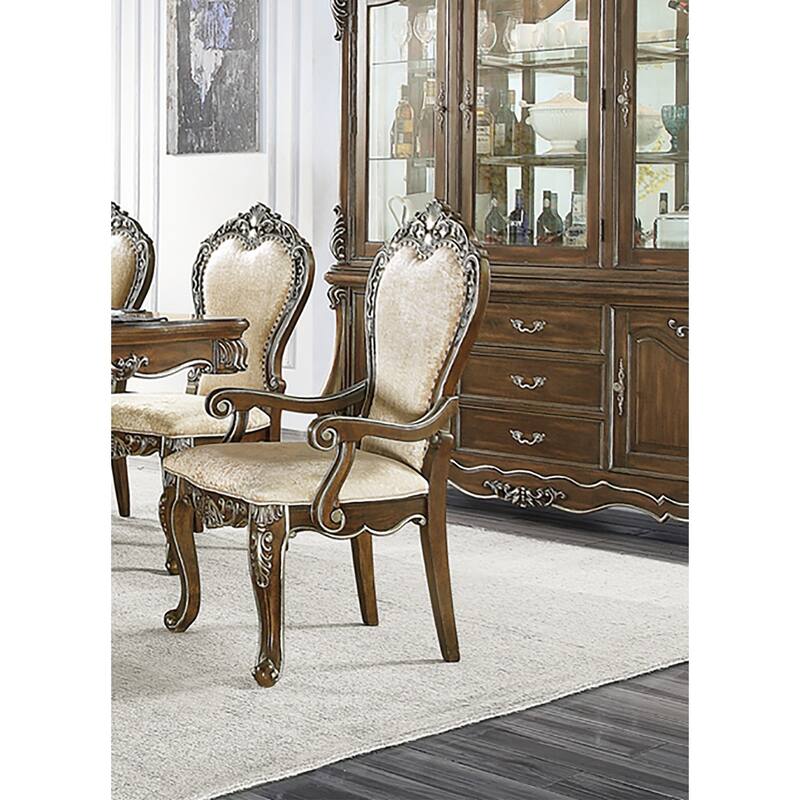 Set of 2 Chenille Padded Dining Arm Chair in Antique Oak and Beige