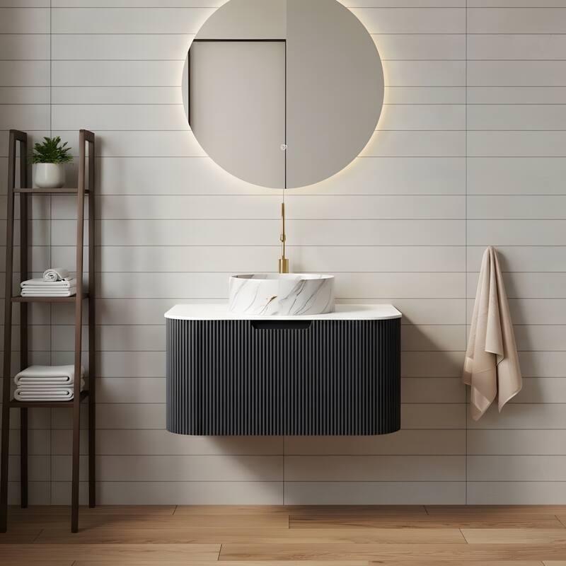 Floating Bathroom with Round Ceramic Basin and Storage Drawer