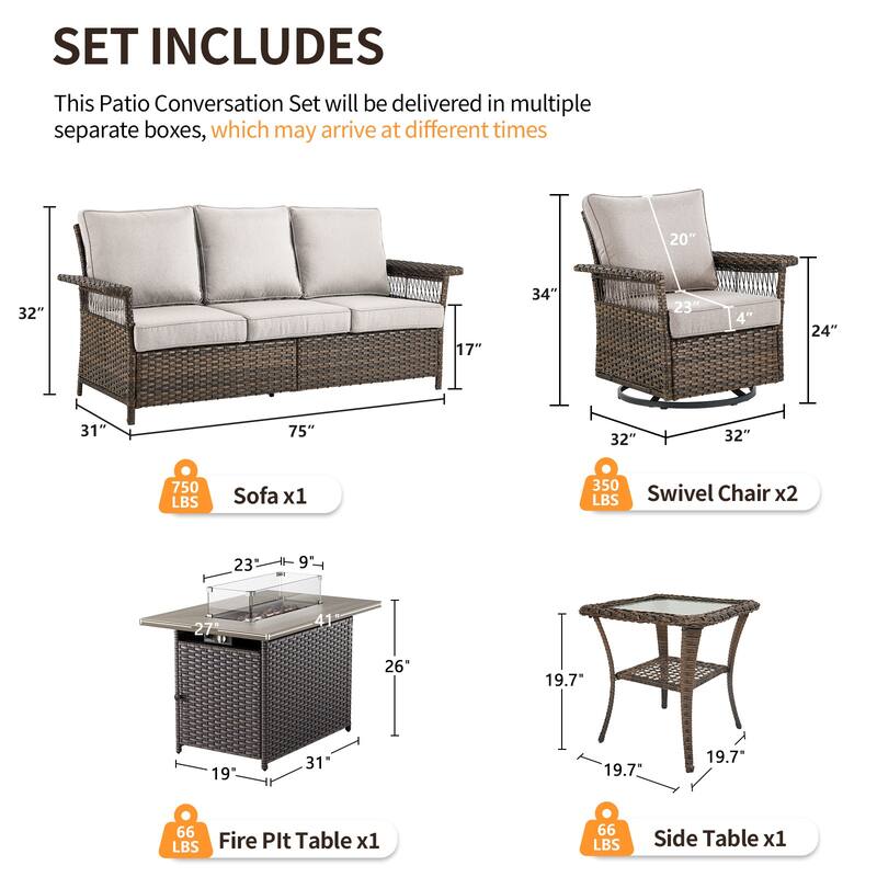 Pocassy 41 in Fire Pit Table with Patio Sofa Swivel Chair Table