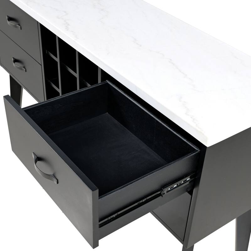 Furniture of America Fieny Modern Black and White Genuine Marble Dining Server Cabinet with Bottle Wine Rack