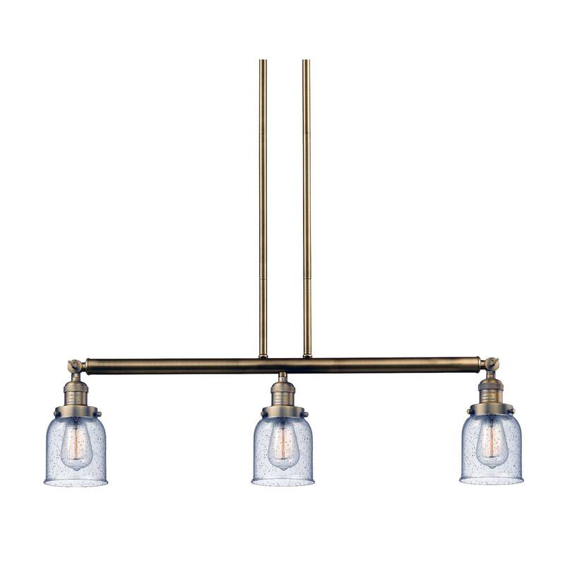 Innovations Lighting Small Bell 3 Light 38" Wide Linear Chandelier - Brushed Brass / Seedy