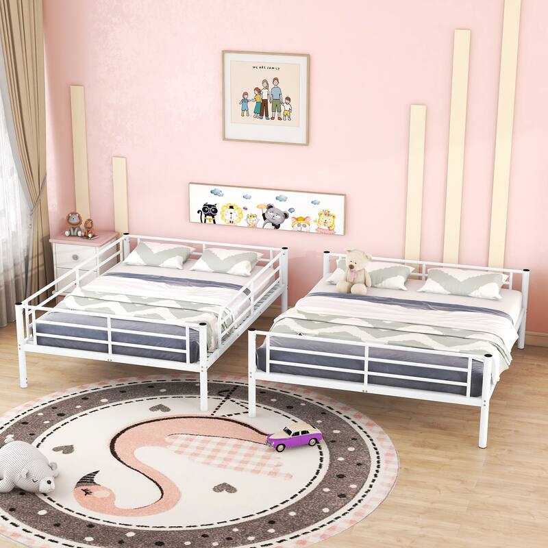 Full XL Over Queen Bunk Bed, Streamlined Iron Frame Platform Bed with Gridded Guardrails, Ladder, Split into 2 Individual Beds