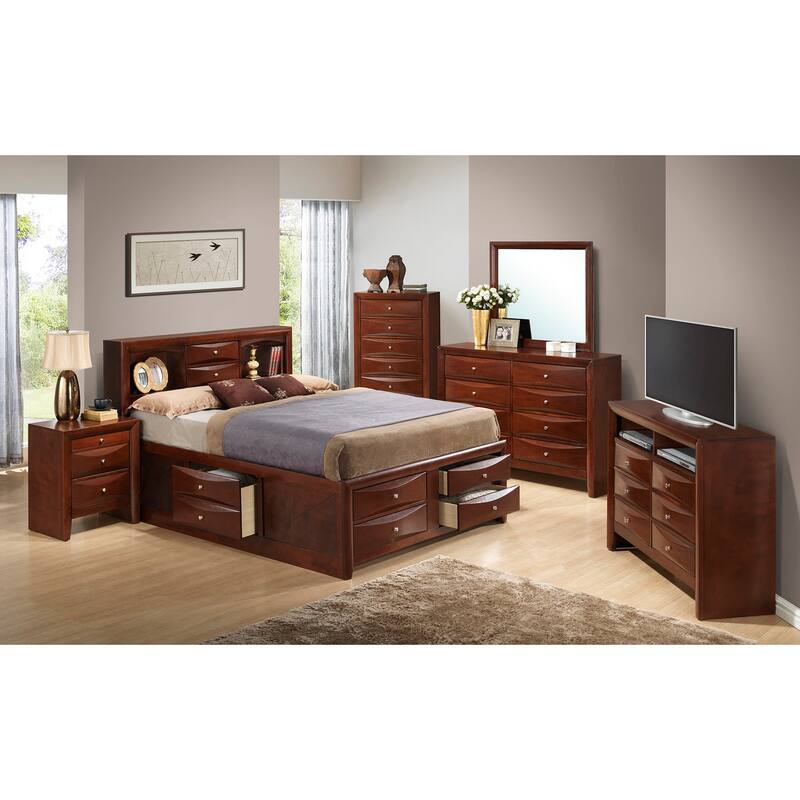 King Panel Bed with Bookcase - Storage Bed, Wood Veneers, Dovetail Drawers & Open Shelves