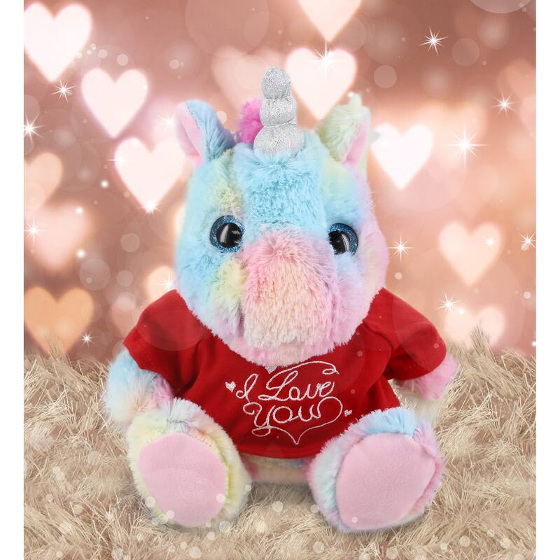 DolliBu I LOVE YOU Plush Sitting Rainbow Unicorn with Red Shirt - 10 inches