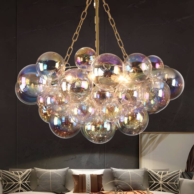 Starsky 6-Light lridescent Bubble Glass Globe chandelier, Hand-Blown Colorful cluster Light, Adjustable Height, Gold or Nickel