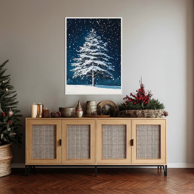 Winter Snowy Pine Tree by Pictufy Studio Framed Canvas Wall Art Print - Sylvie Beaded White