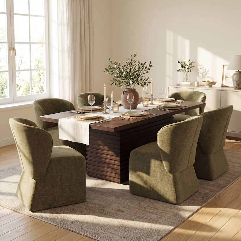 Christopher Knight Home - Eddie 7-Piece Upholstered Dining Set with 84" Rectangular Pillar Base Dining Table - Espresso+Olive Green