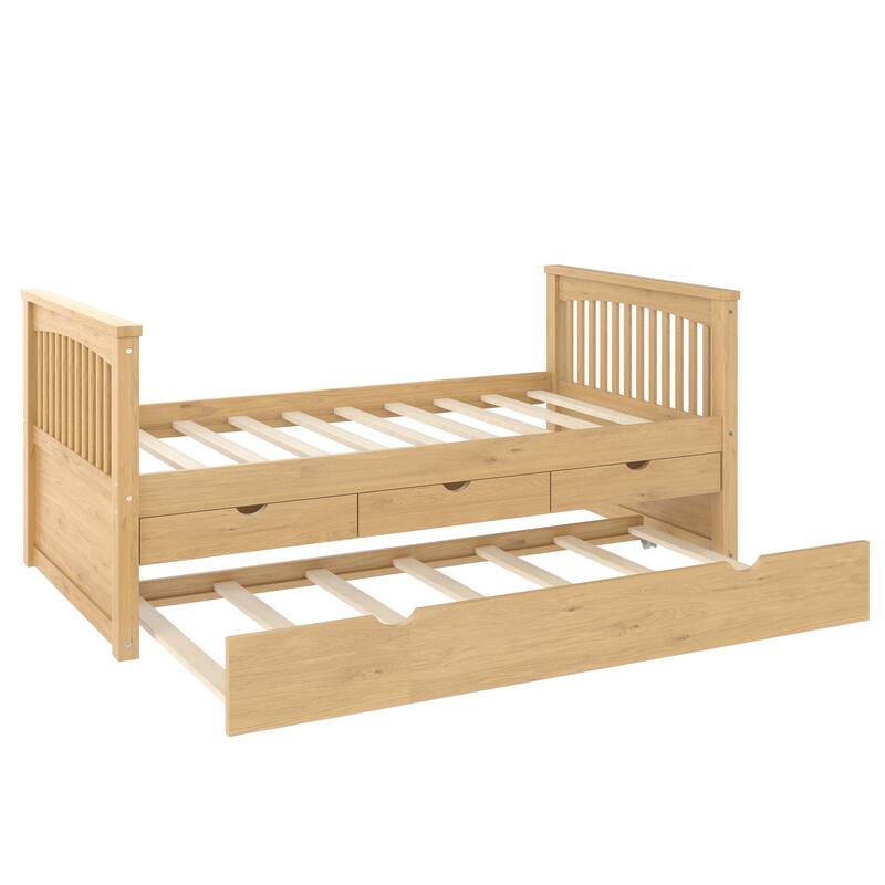 Twin Size Wooden Daybed with Trundle Bed and 3 Drawers, Solid Wood Platform Sofa Bed Frame, No Box Spring Needed