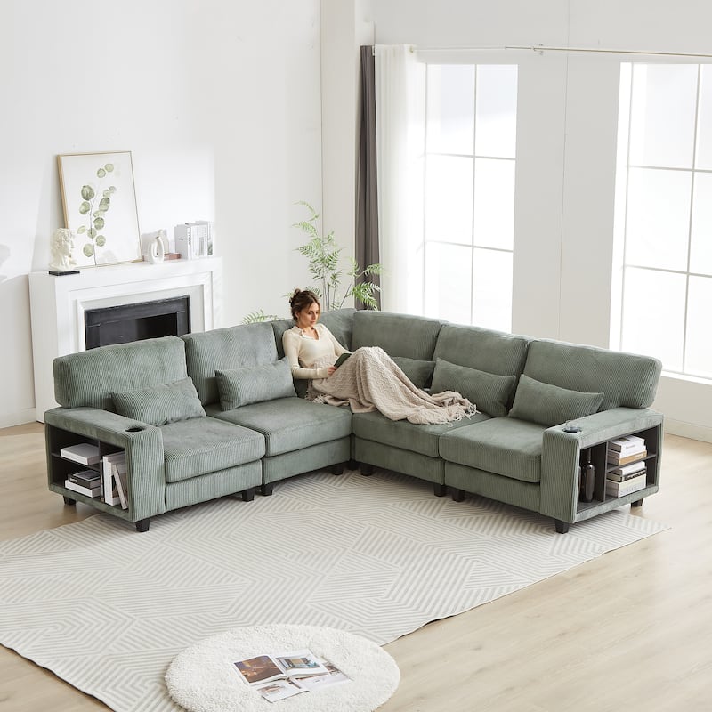 102.75" Corduroy L-Shaped Modular Sectional Sofa with Storage