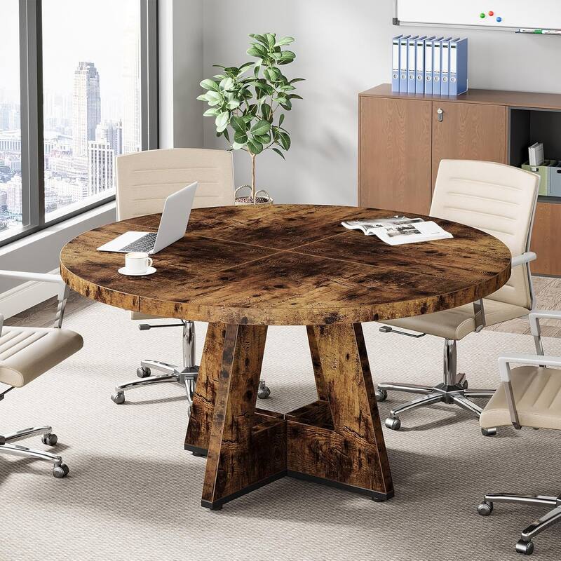 47" Round Conference Table Meeting Room Table with Thickened Top Wood Base Modern Training Desk for Conference/Seminar Room