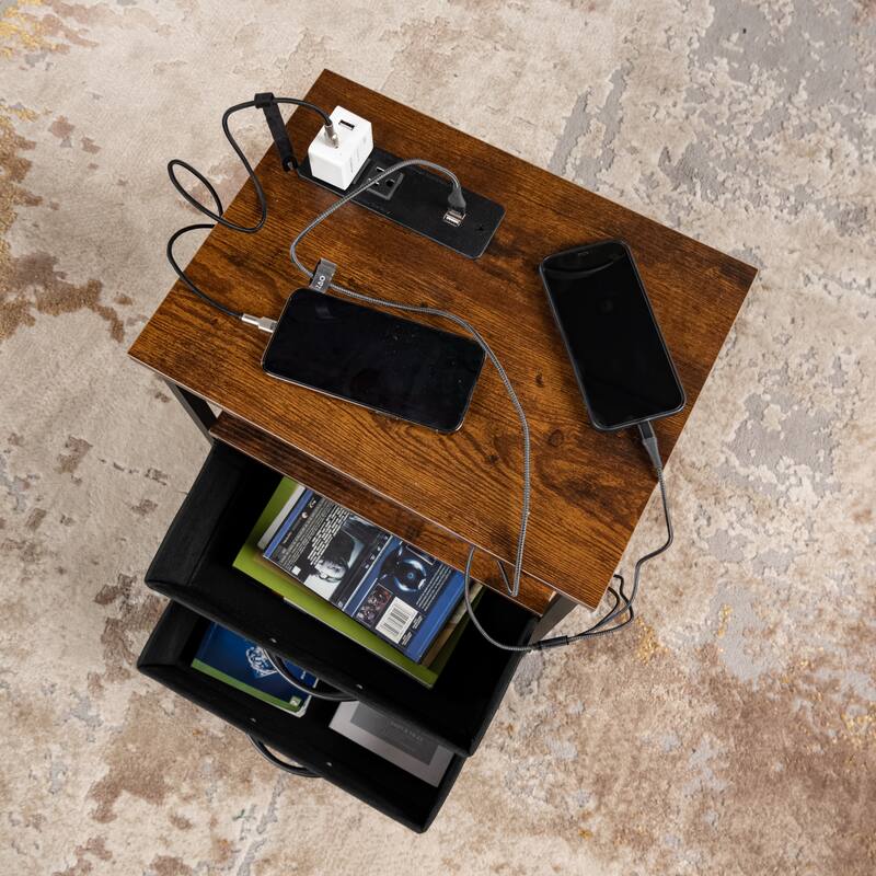 Homy Casa Industrial Nightstands Drawers, USB, Power Outlet Vintage
